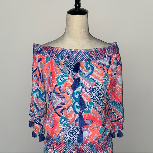 Lilly Pulitzer Joelle Dress Off Shoulder Crepe Multi Smocked Tassel M Beach - Picture 3 of 12